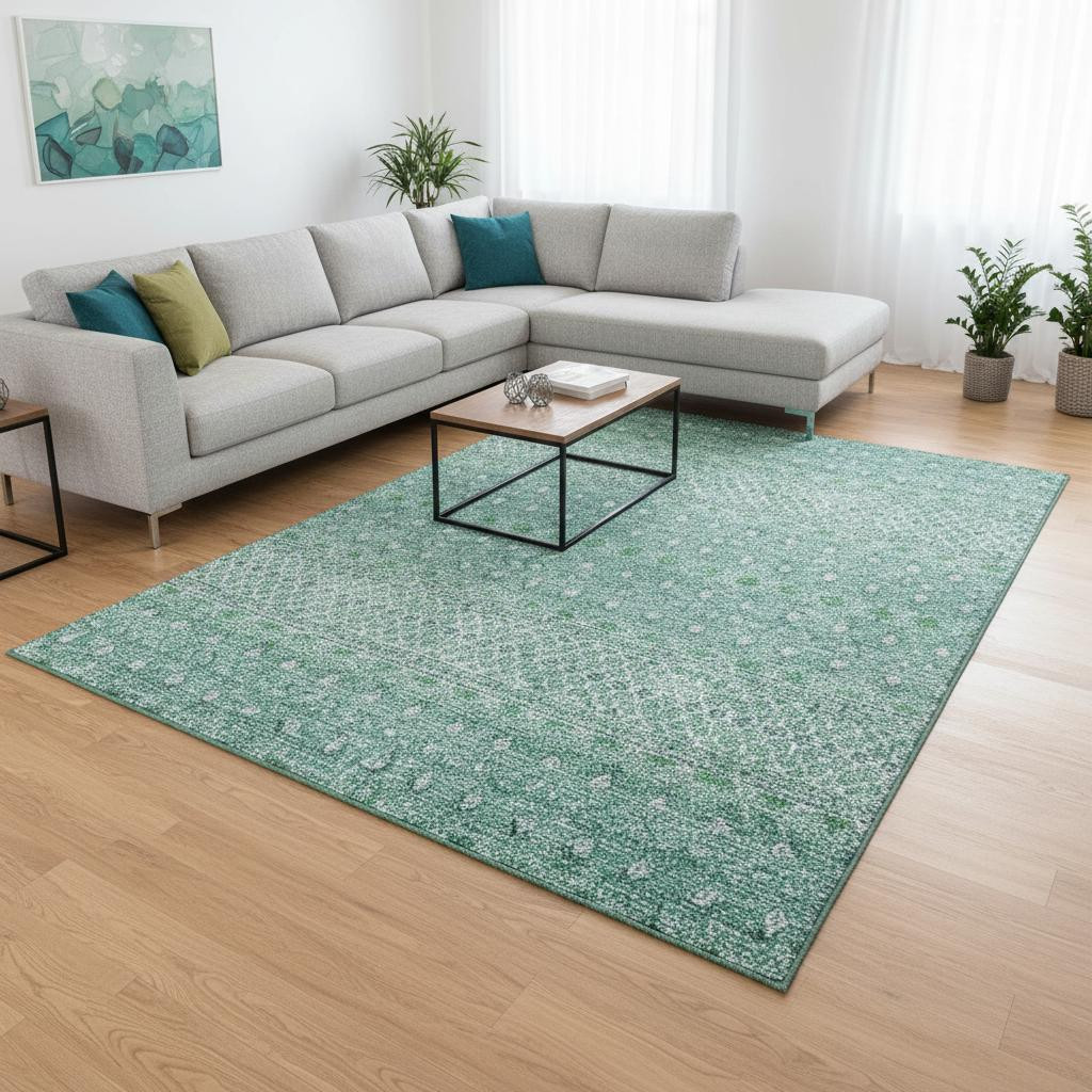 657154 9 x 12 ft. Aqua & Ivory Tribal Washable Machine Made Rectangle Area Rug with UV Protection