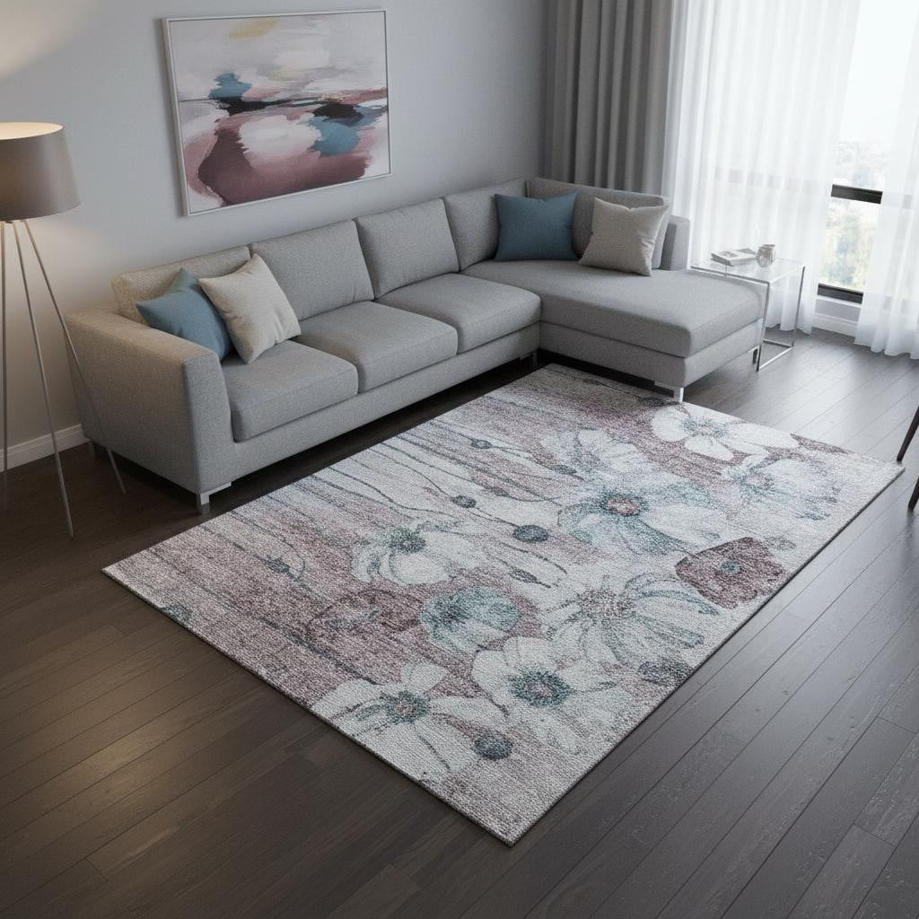 657328 9 x 12 ft. Teal Mauve & Ivory Floral Washable Machine Made Rectangle Area Rug with UV Protection