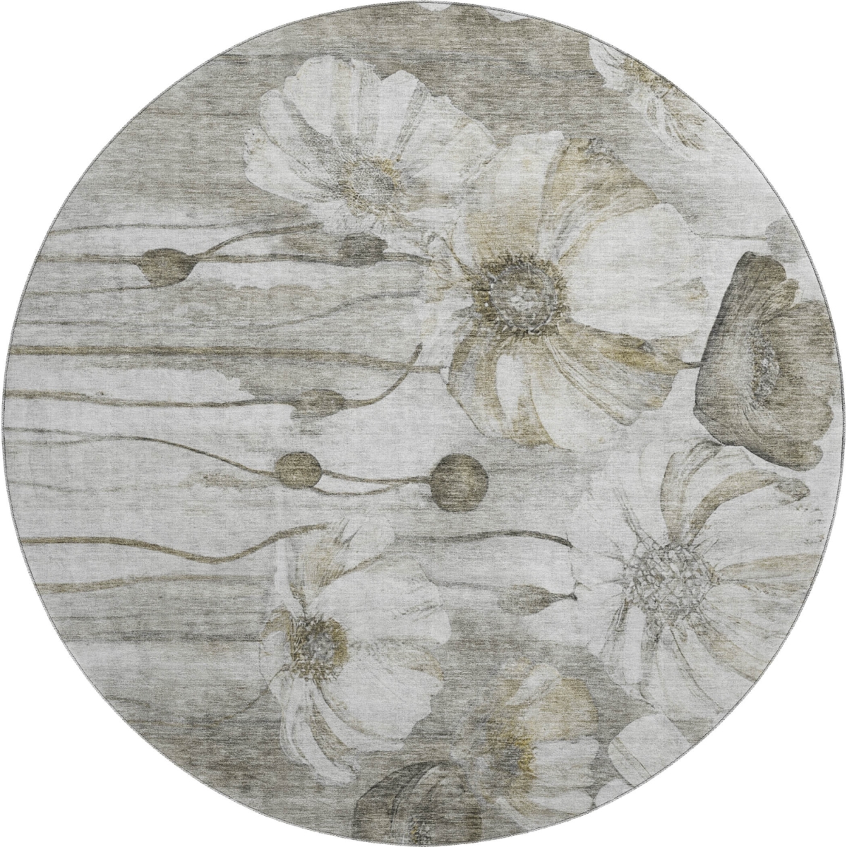 657332 8 ft. Taupe & Ivory Floral Transitional Washable Round Area Rug with UV Protection