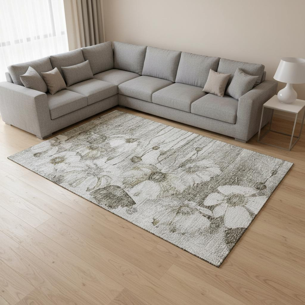 657334 9 x 12 ft. Taupe & Ivory Floral Transitional Washable Machine Made Rectangle Area Rug with UV Protection