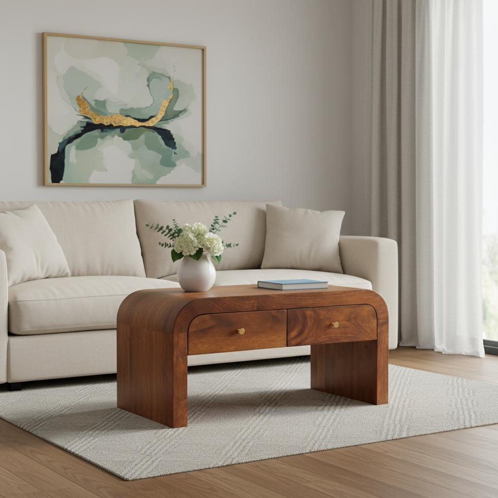 657373 32 in. Solid Wood Solid Coffee Table with Two Drawers - Chestnut