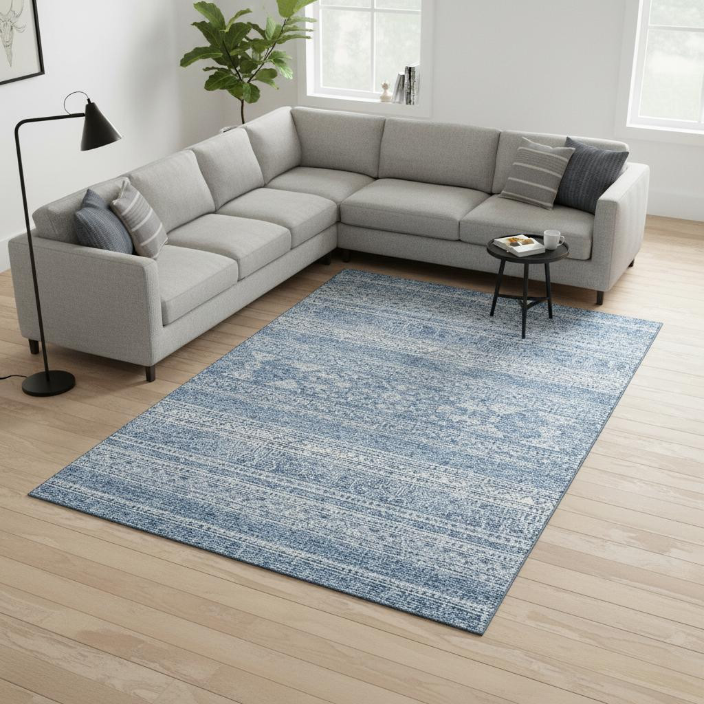 657447 8 x 10 ft. Sky Blue & Ivory Southwestern Washable Machine Made Rectangle Area Rug with UV Protection