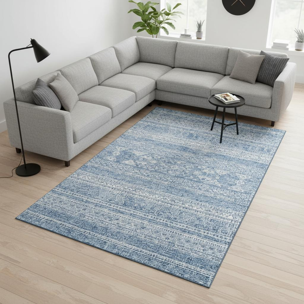 657449 10 x 14 ft. Sky Blue & Ivory Southwestern Washable Machine Made Rectangle Area Rug with UV Protection