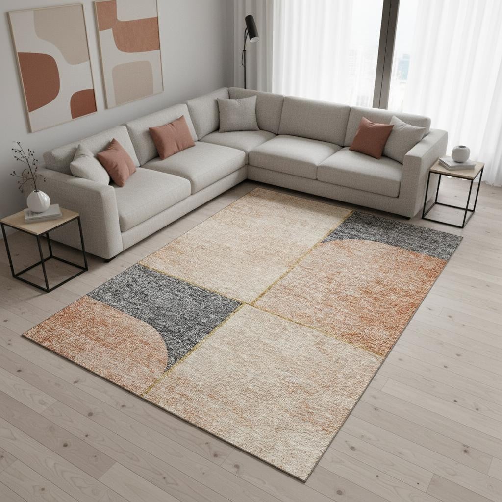 657497 10 x 14 ft. Coral Gray & Gold Geometric Washable Machine Made Rectangle Area Rug with UV Protection