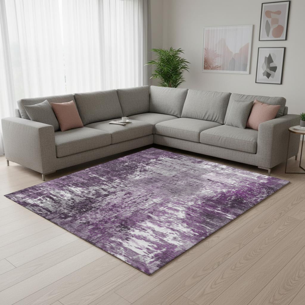 657515 10 x 14 ft. Eggplant & Ivory Abstract Transitional Washable Machine Made Rectangle Area Rug with UV Protection