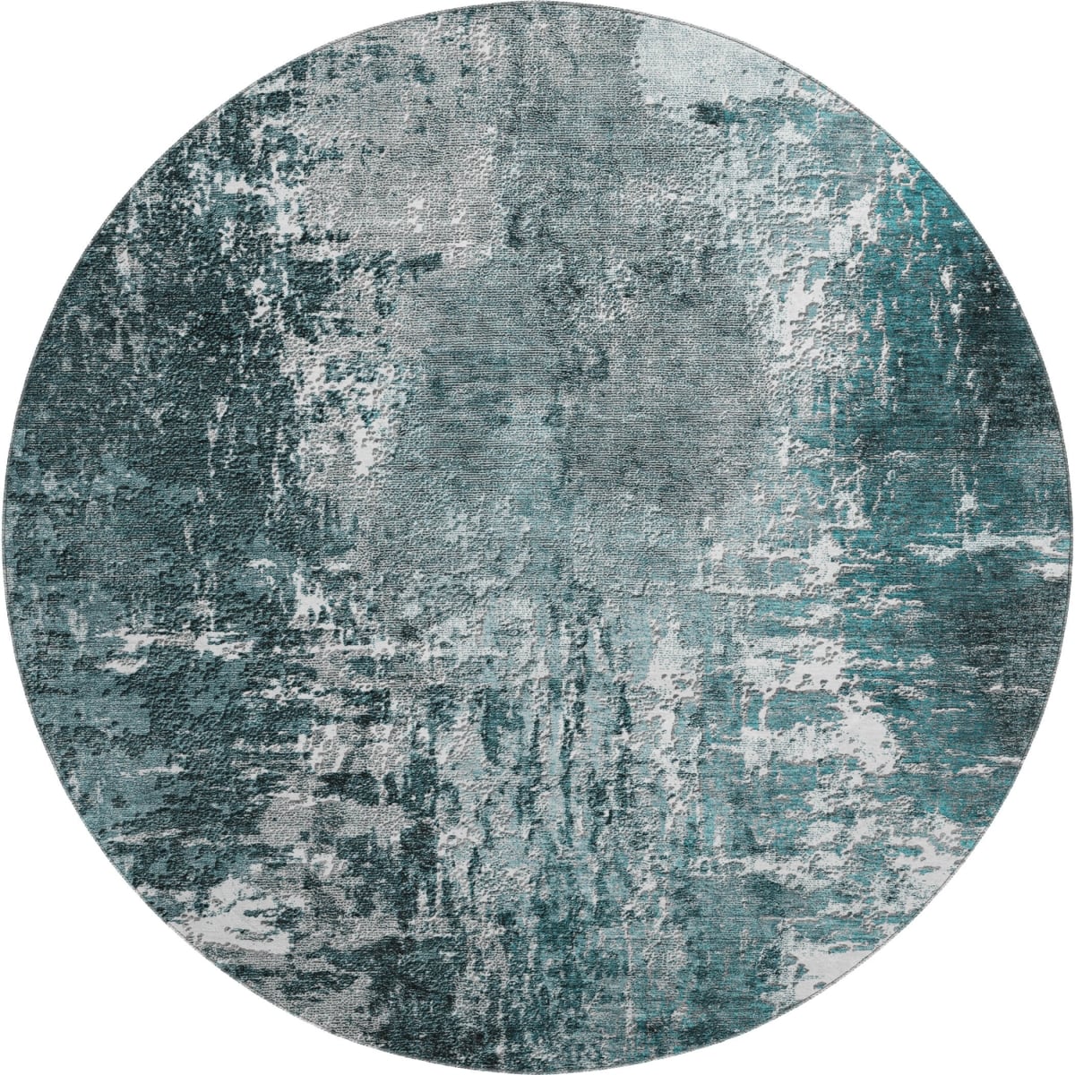 657524 8 ft. Teal & Ivory Abstract Transitional Washable Round Area Rug with UV Protection