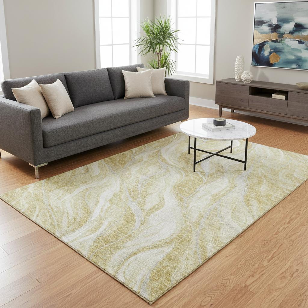 657583 5 x 8 ft. Gold & Ivory Abstract Transitional Washable Machine Made Rectangle Area Rug with UV Protection