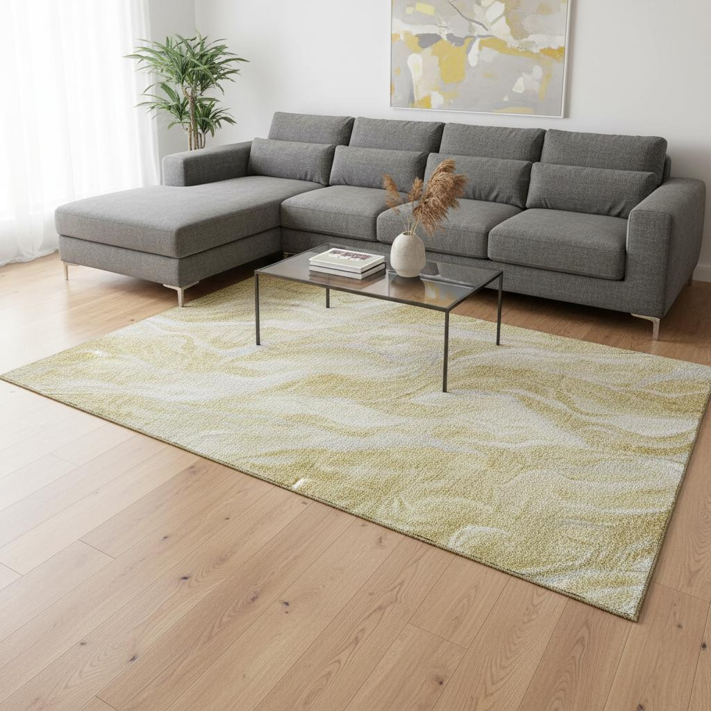 657585 8 x 10 ft. Gold & Ivory Abstract Transitional Washable Machine Made Rectangle Area Rug with UV Protection