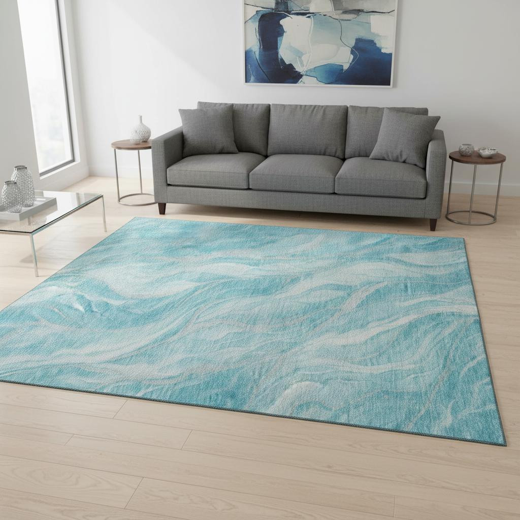 657595 5 x 8 ft. Teal & Ivory Abstract Transitional Washable Machine Made Rectangle Area Rug with UV Protection