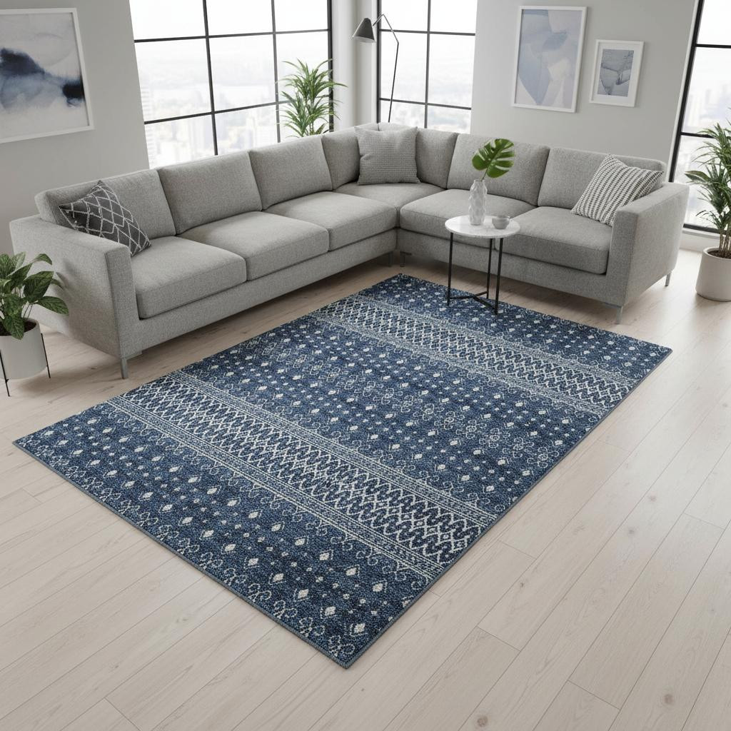 657125 10 x 14 ft. Navy Blue & Ivory Tribal Transitional Washable Machine Made Rectangle Area Rug with UV Protection