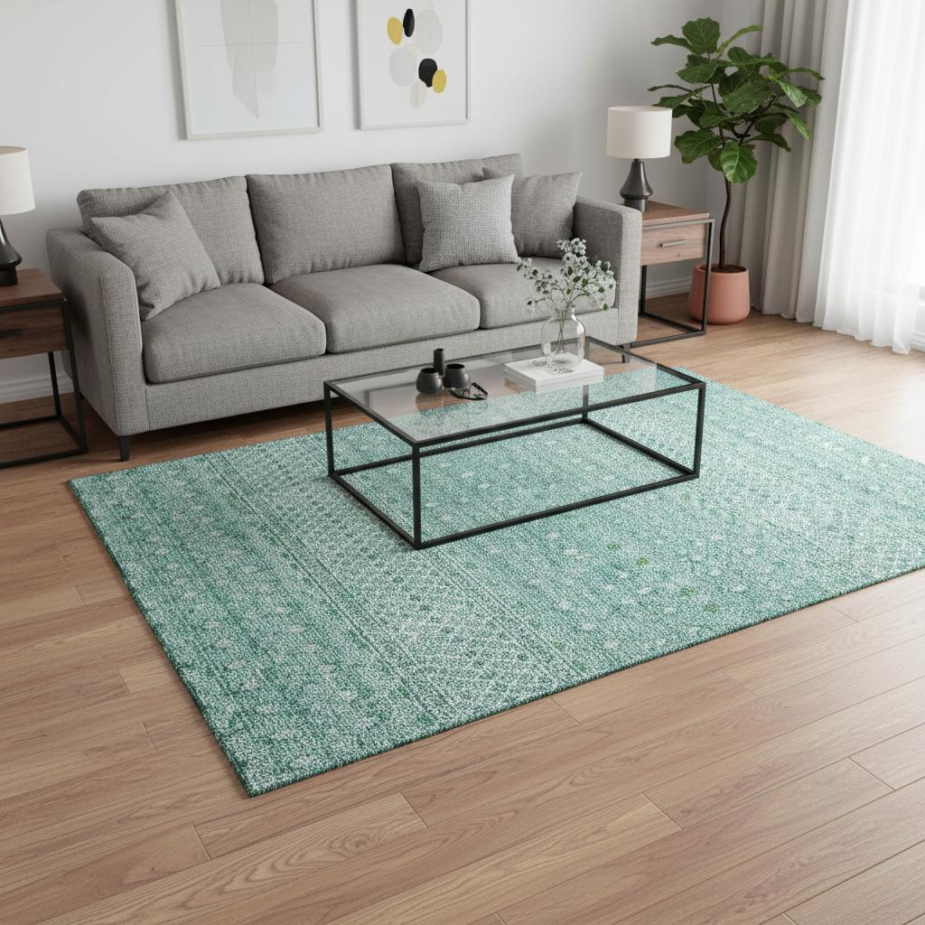 657151 5 x 8 ft. Aqua & Ivory Tribal Washable Machine Made Rectangle Area Rug with UV Protection