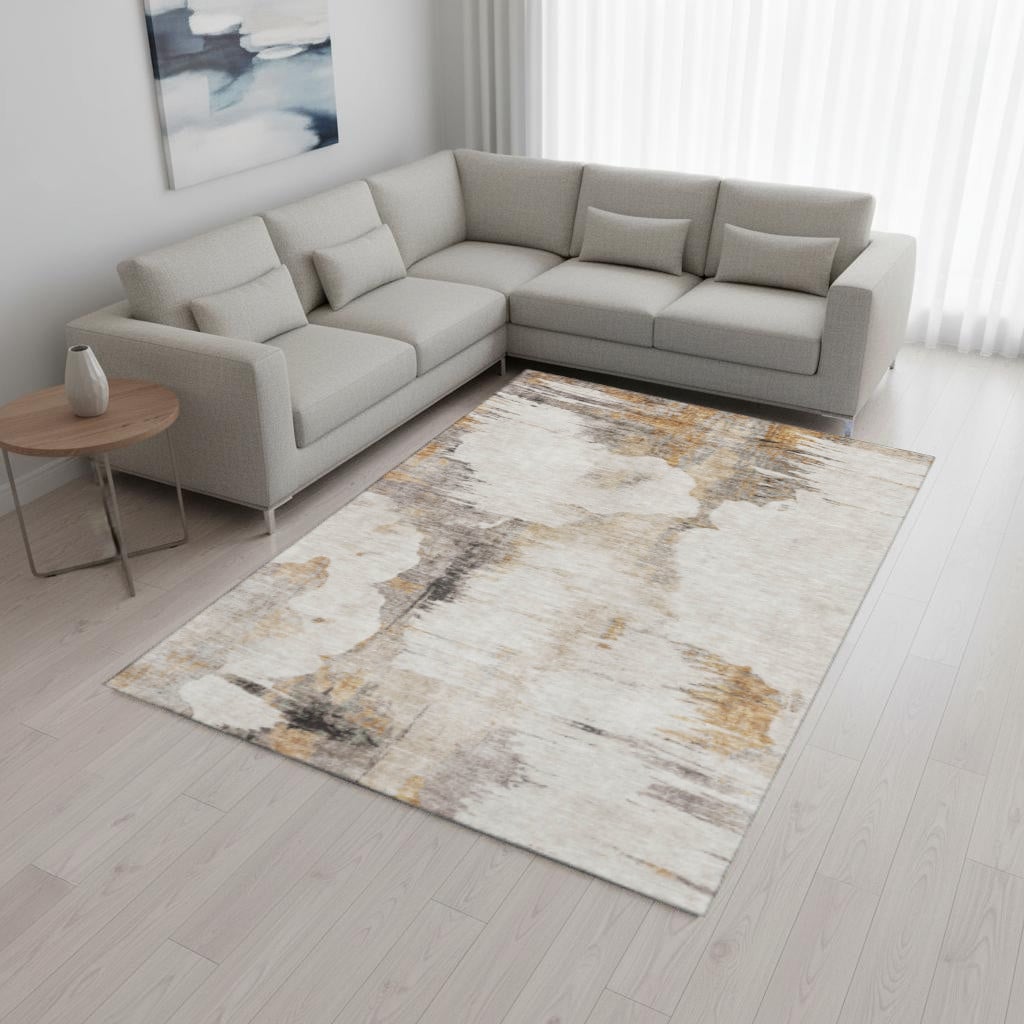 657209 10 x 14 ft. Beige, Gray & Ivory Abstract Transitional Washable Machine Made Rectangle Area Rug with UV Protection