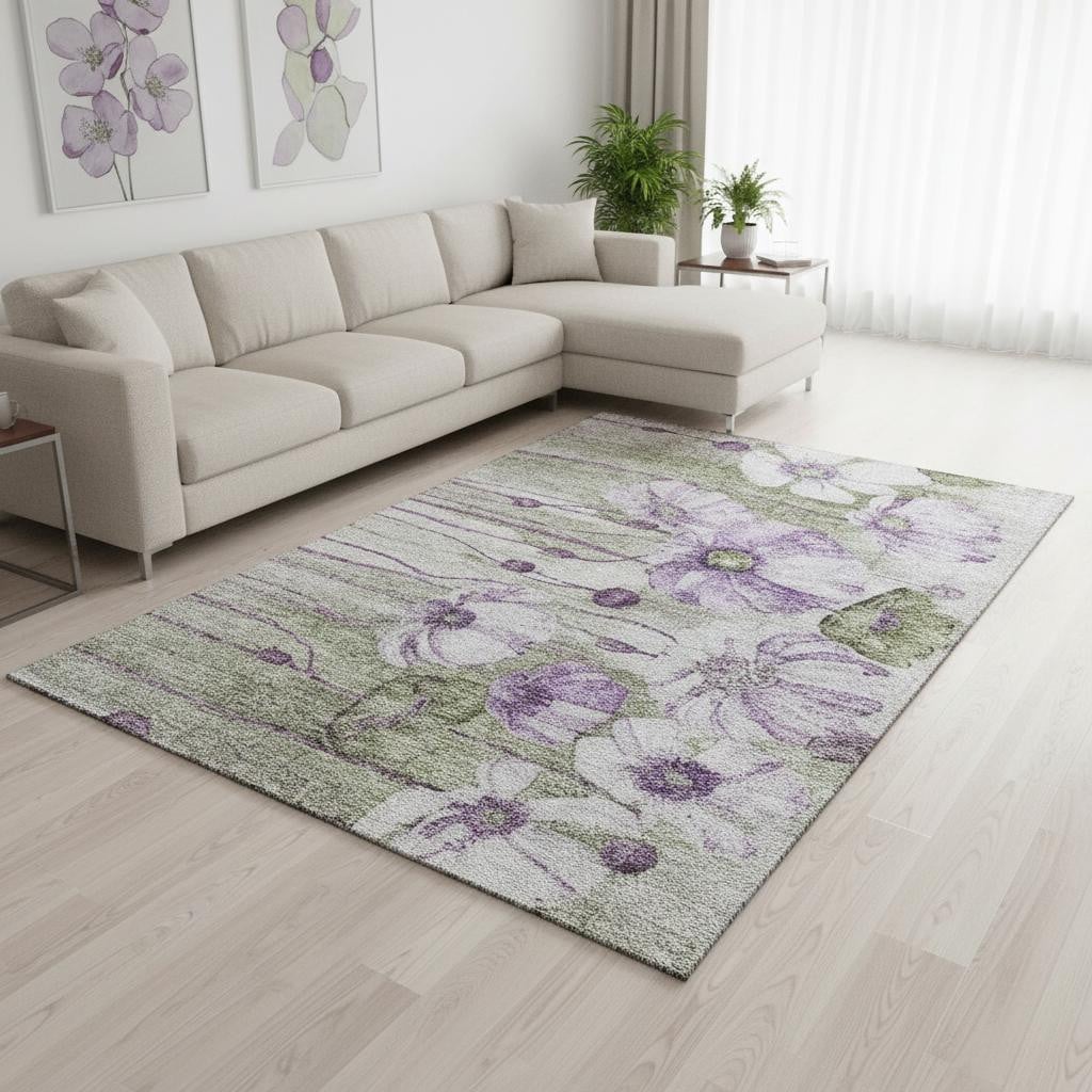 657315 8 x 10 ft. Purple, Green & Ivory Floral Washable Machine Made Rectangle Area Rug with UV Protection