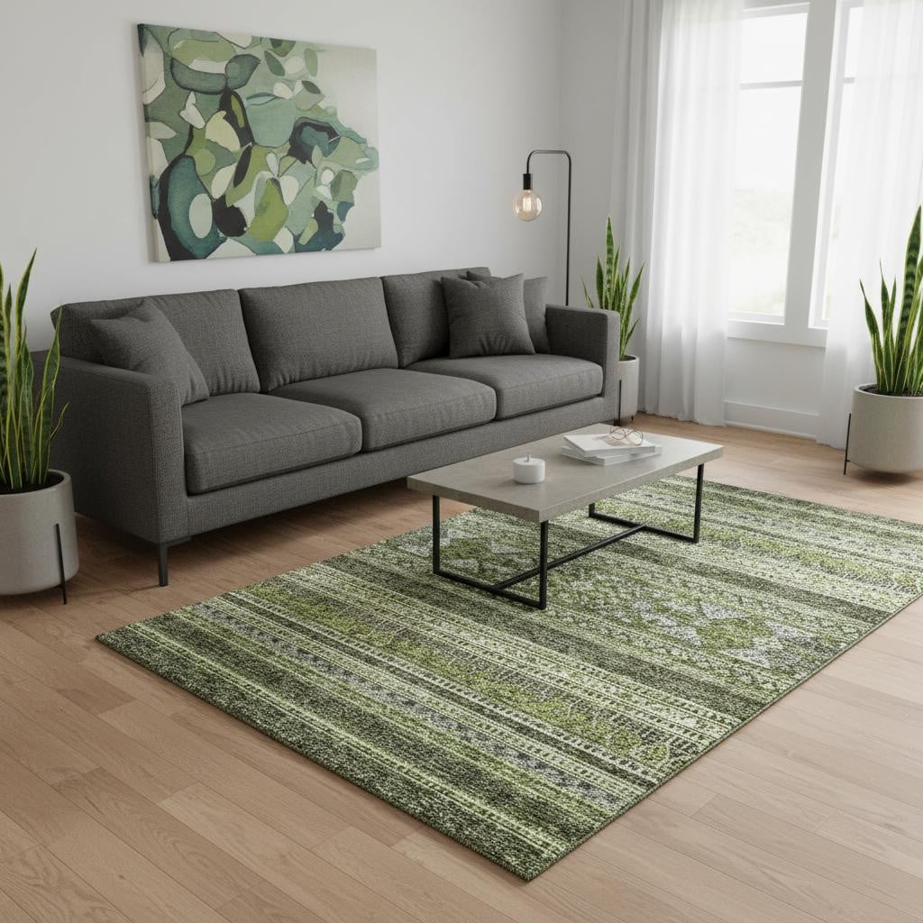 657433 5 x 8 ft. Olive Green, Gray & Ivory Southwestern Washable Machine Made Rectangle Area Rug with UV Protection