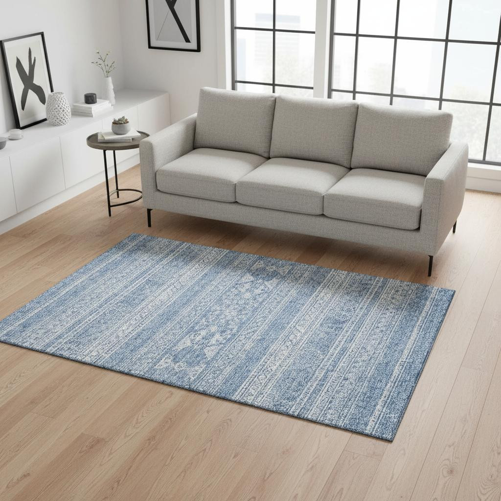 657445 5 x 8 ft. Sky Blue & Ivory Southwestern Washable Machine Made Rectangle Area Rug with UV Protection