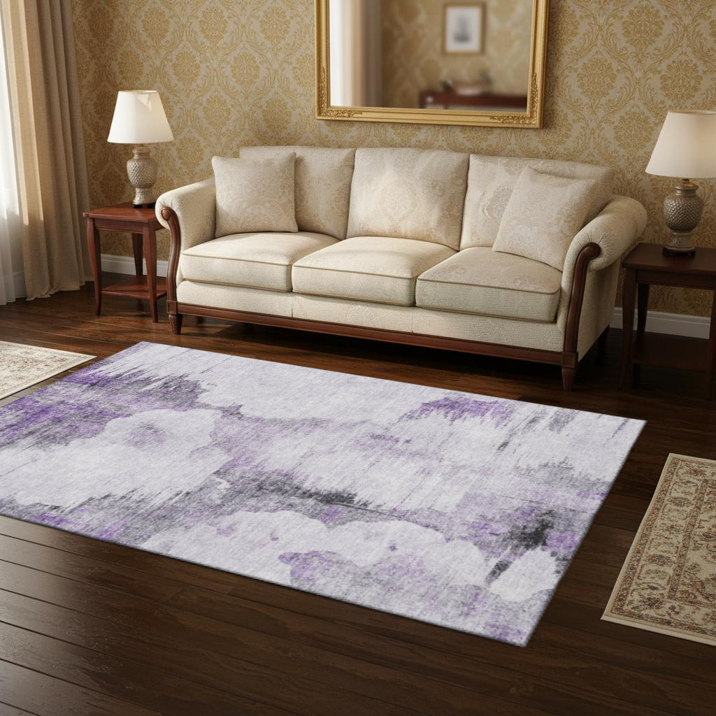 657223 5 x 8 ft. Purple, Gray & Ivory Abstract Transitional Washable Machine Made Rectangle Area Rug with UV Protection