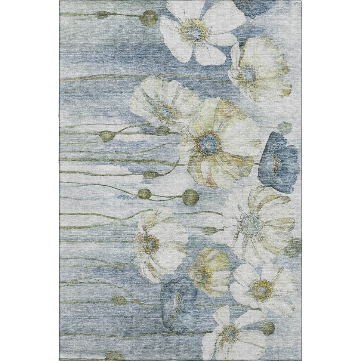 657294 3 x 5 ft. Blue, Ivory & Gold Floral Transitional Washable Machine Made Rectangle Area Rug with UV Protection