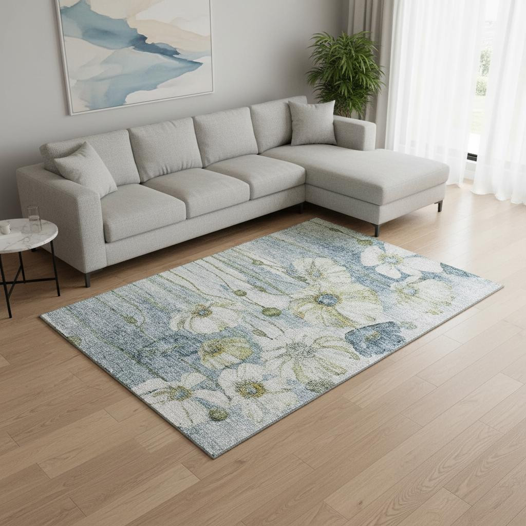 657297 8 x 10 ft. Blue, Ivory & Gold Floral Transitional Washable Machine Made Rectangle Area Rug with UV Protection