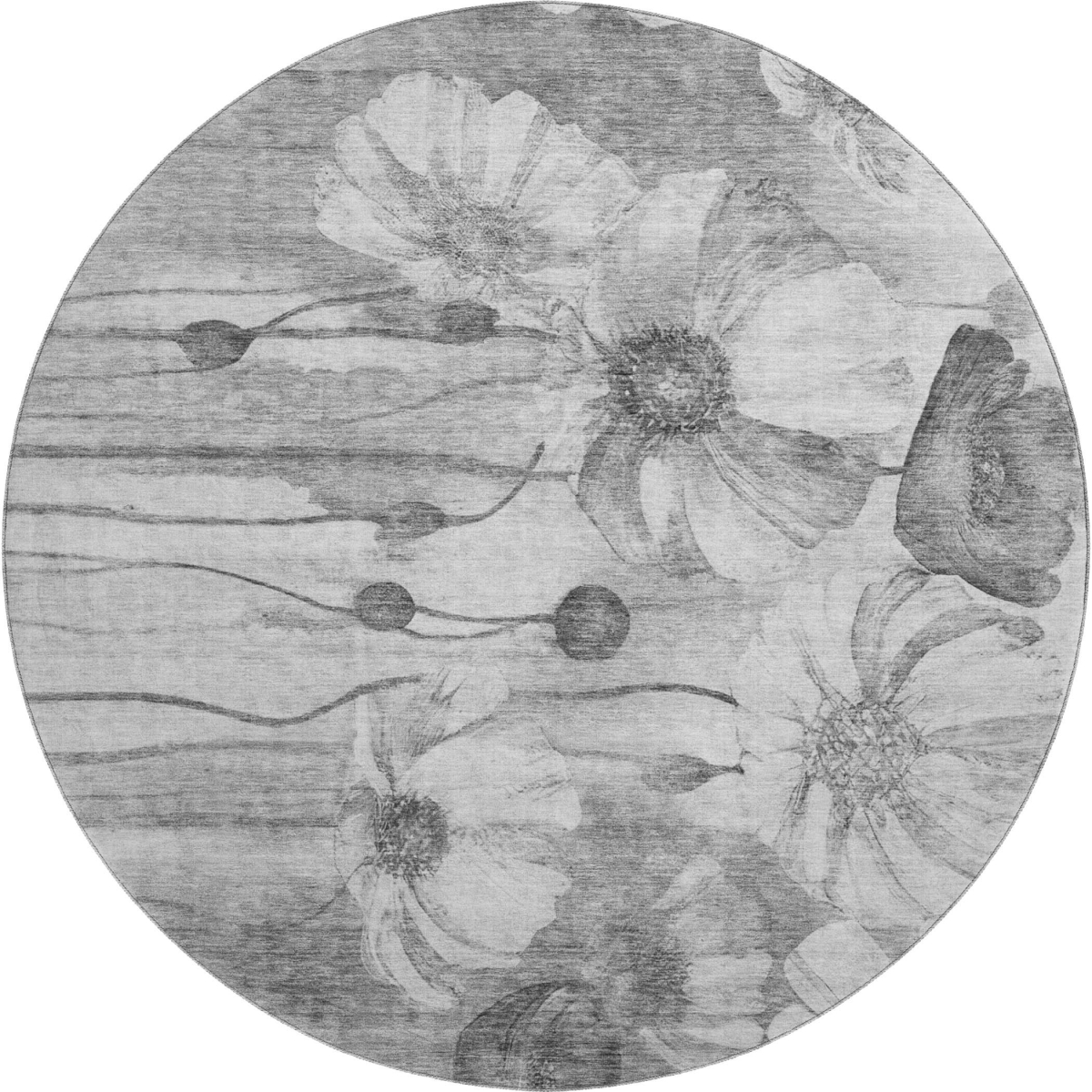 657302 8 ft. Gray & Silver Floral Transitional Washable Round Area Rug with UV Protection