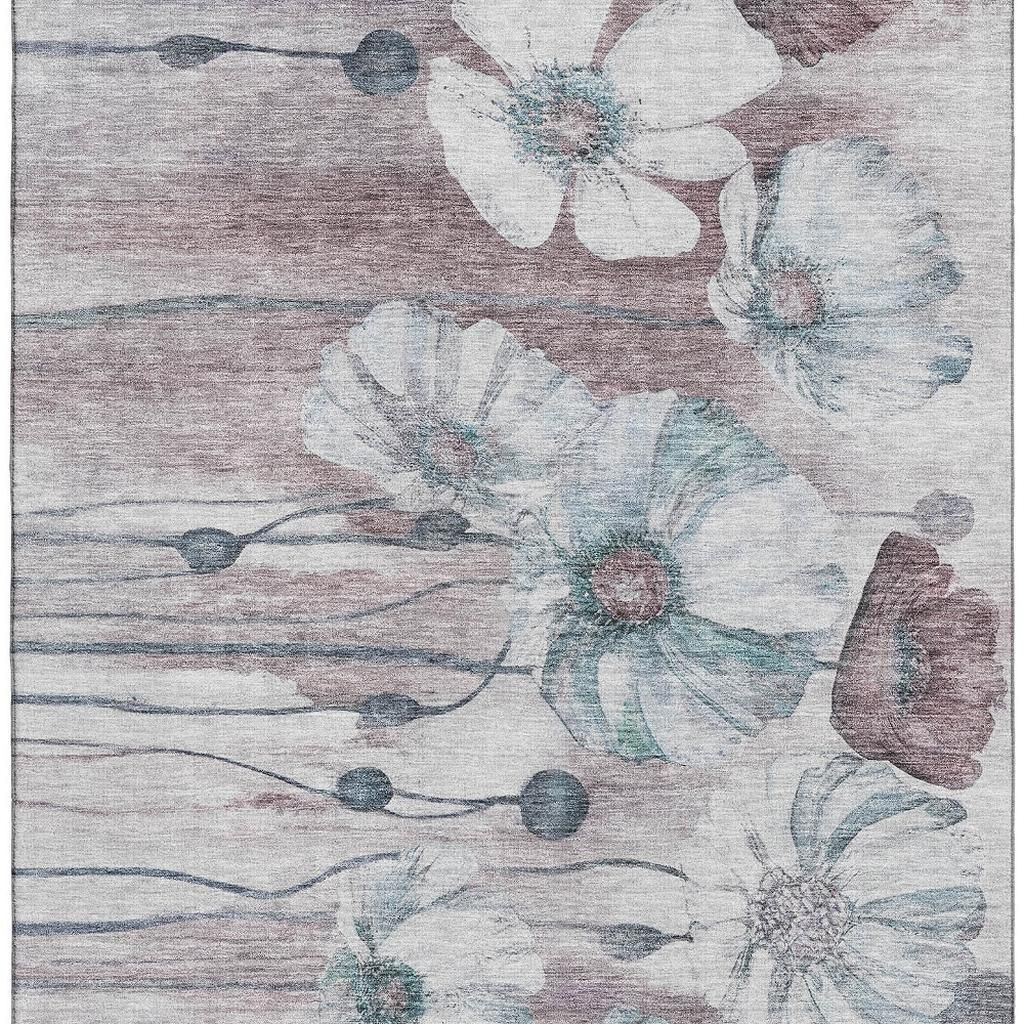 657324 3 x 5 ft. Teal Mauve & Ivory Floral Washable Machine Made Rectangle Area Rug with UV Protection