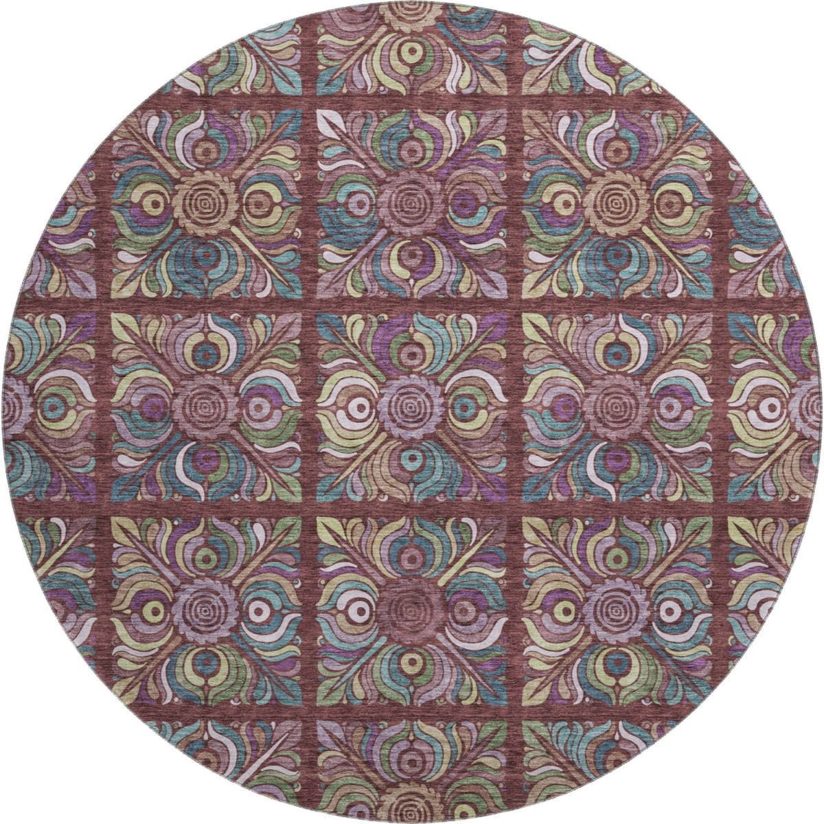 667706 8 ft. Rust Purple & Teal Medallion Washable Round Area Rug with UV Protection