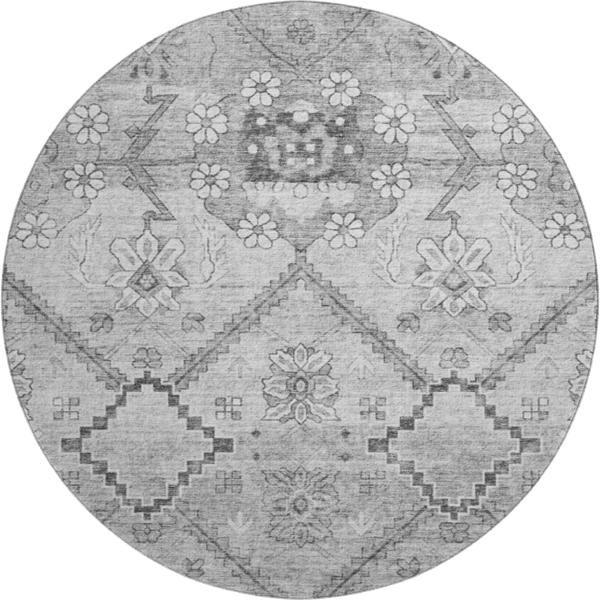 667219 8 ft. Gray & Silver Floral Transitional Washable Round Area Rug with UV Protection