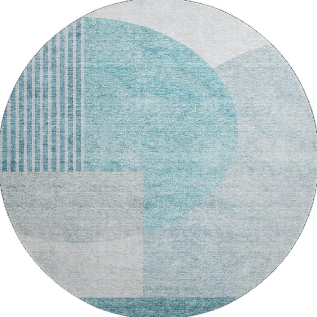 655863 8 ft. Teal & Ivory Geometric Transitional Washable Round Area Rug with UV Protection