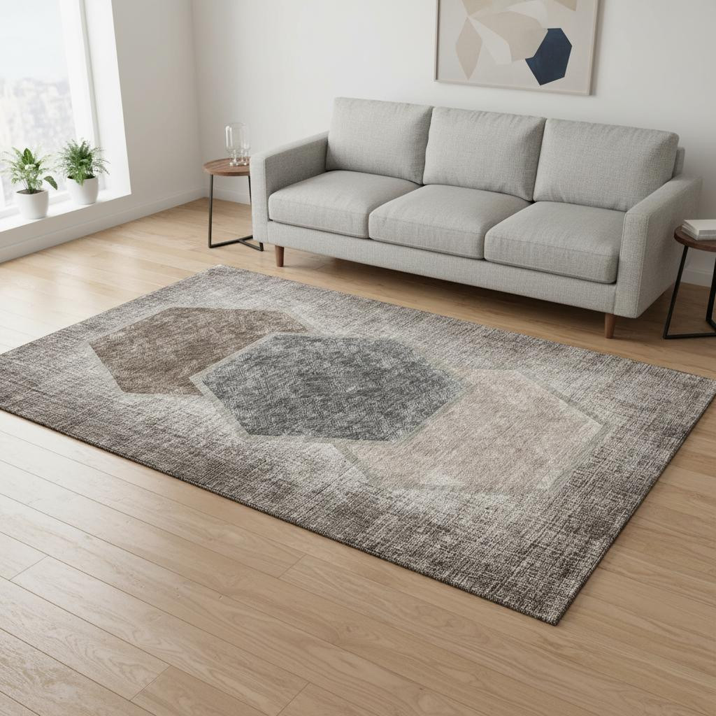 655874 5 x 8 ft. Brown Taupe & Charcoal Geometric Washable Machine Made Rectangle Area Rug with UV Protection