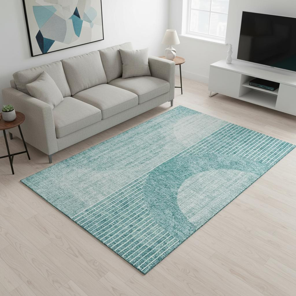 655748 5 x 8 ft. Teal & Ivory Geometric Transitional Washable Machine Made Rectangle Area Rug with UV Protection