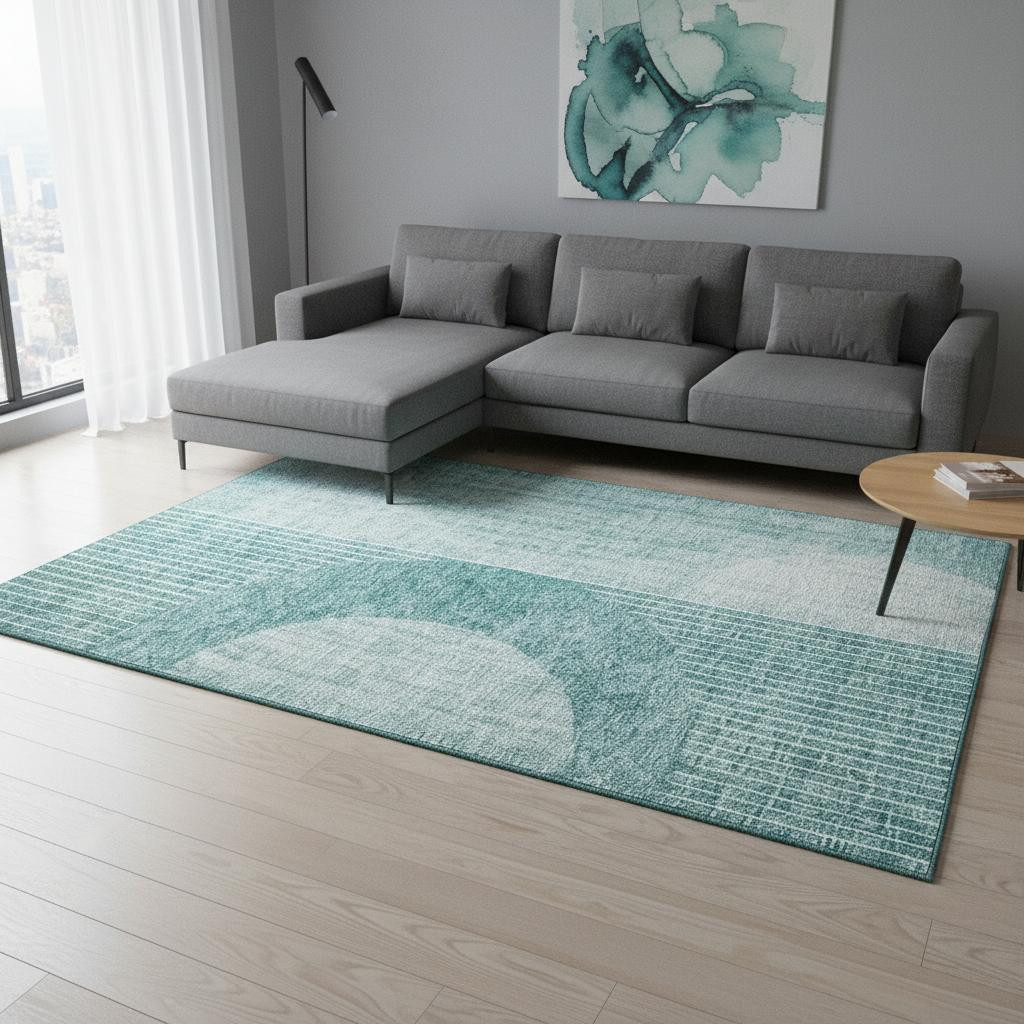 655750 8 x 10 ft. Teal & Ivory Geometric Transitional Washable Machine Made Rectangle Area Rug with UV Protection