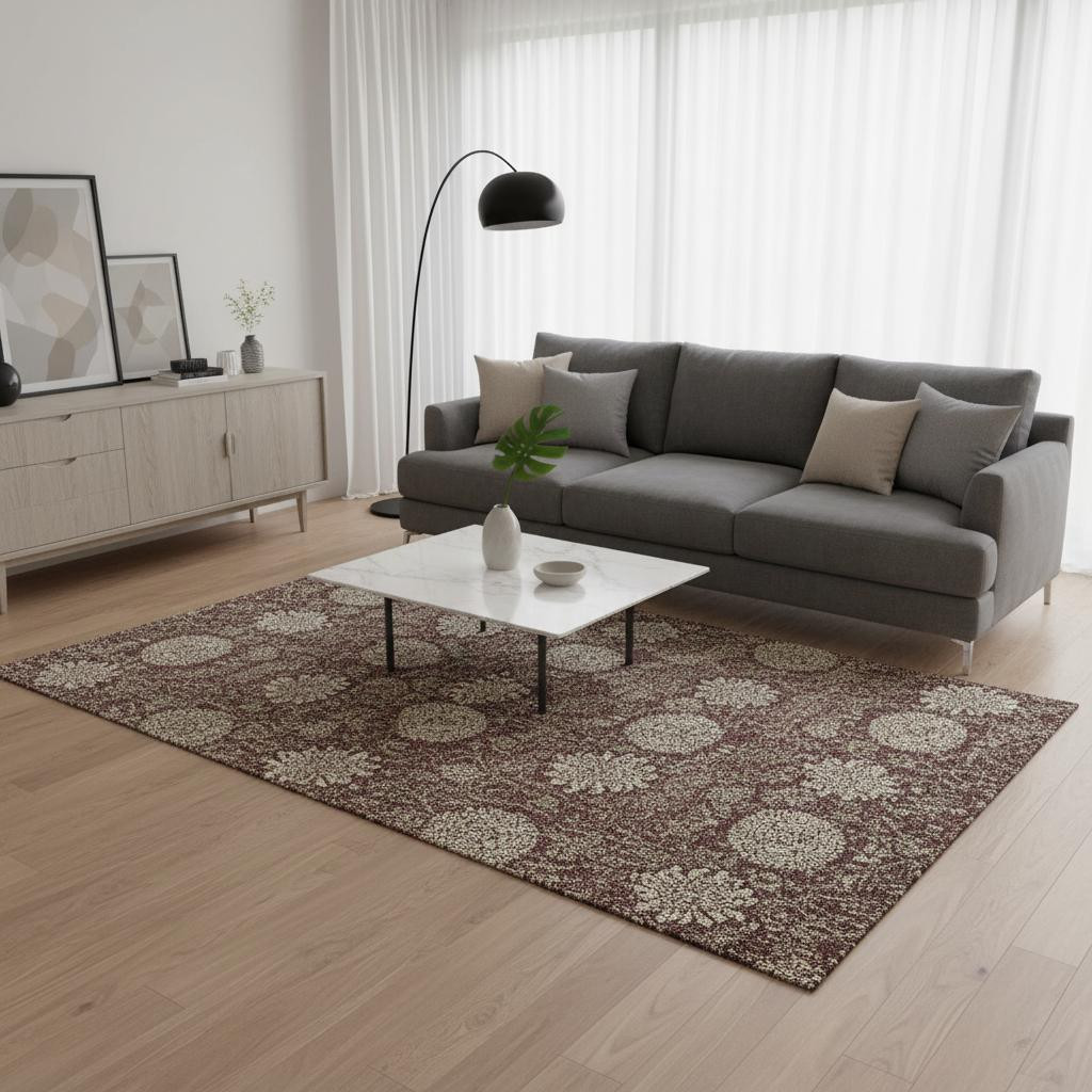 655802 5 x 8 ft. Merlot & Beige Floral Washable Machine Made Rectangle Area Rug with UV Protection
