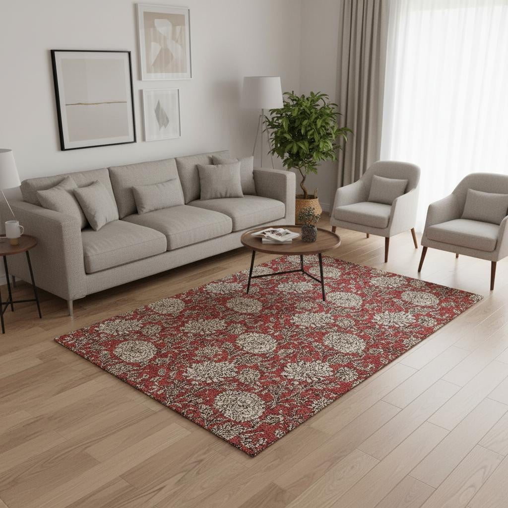 655808 5 x 8 ft. Red & Beige Floral Washable Machine Made Rectangle Area Rug with UV Protection