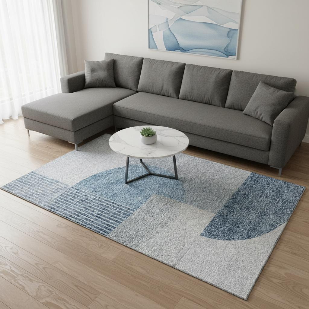 655823 9 x 12 ft. Blue & Ivory Geometric Transitional Washable Machine Made Rectangle Area Rug with UV Protection