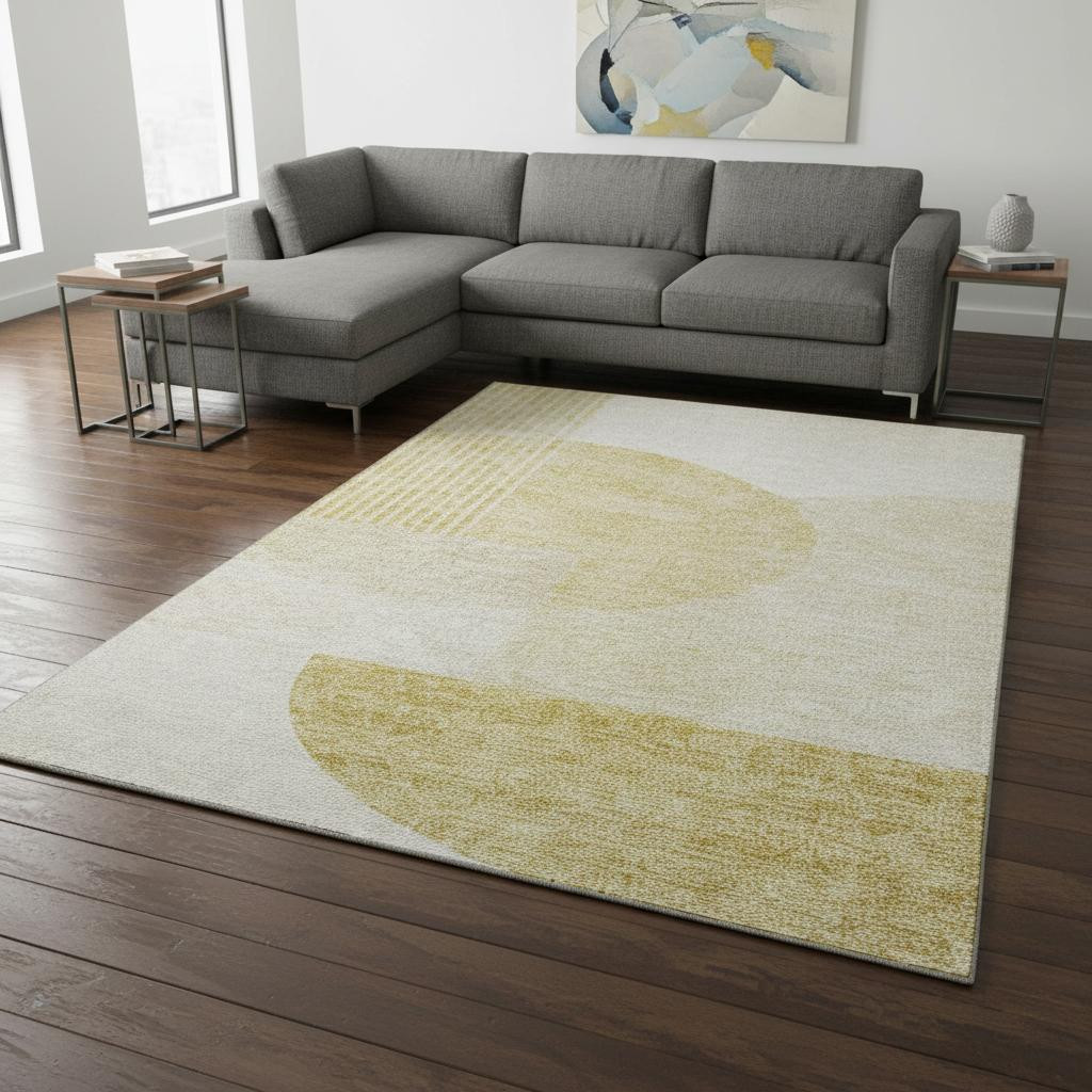 655840 8 x 10 ft. Gold & Ivory Geometric Transitional Washable Machine Made Rectangle Area Rug with UV Protection