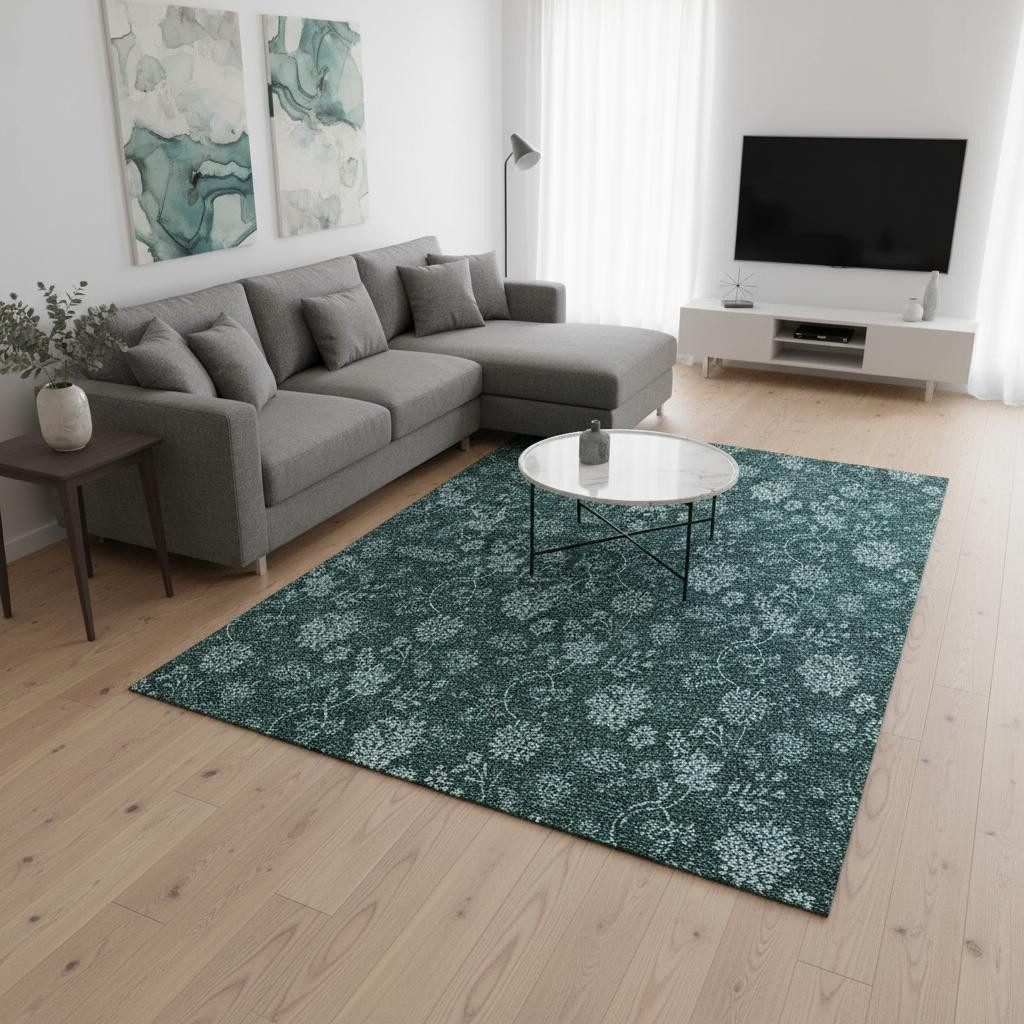 655942 8 x 10 ft. Teal & Ivory Floral Transitional Washable Machine Made Rectangle Area Rug with UV Protection