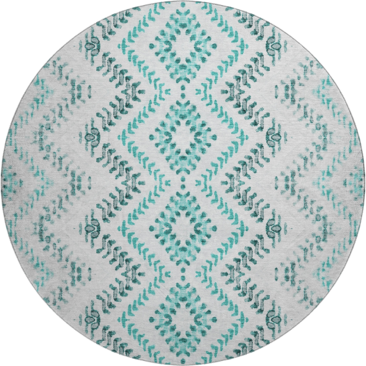 656115 8 ft. Teal & Ivory Geometric Transitional Washable Round Area Rug with UV Protection