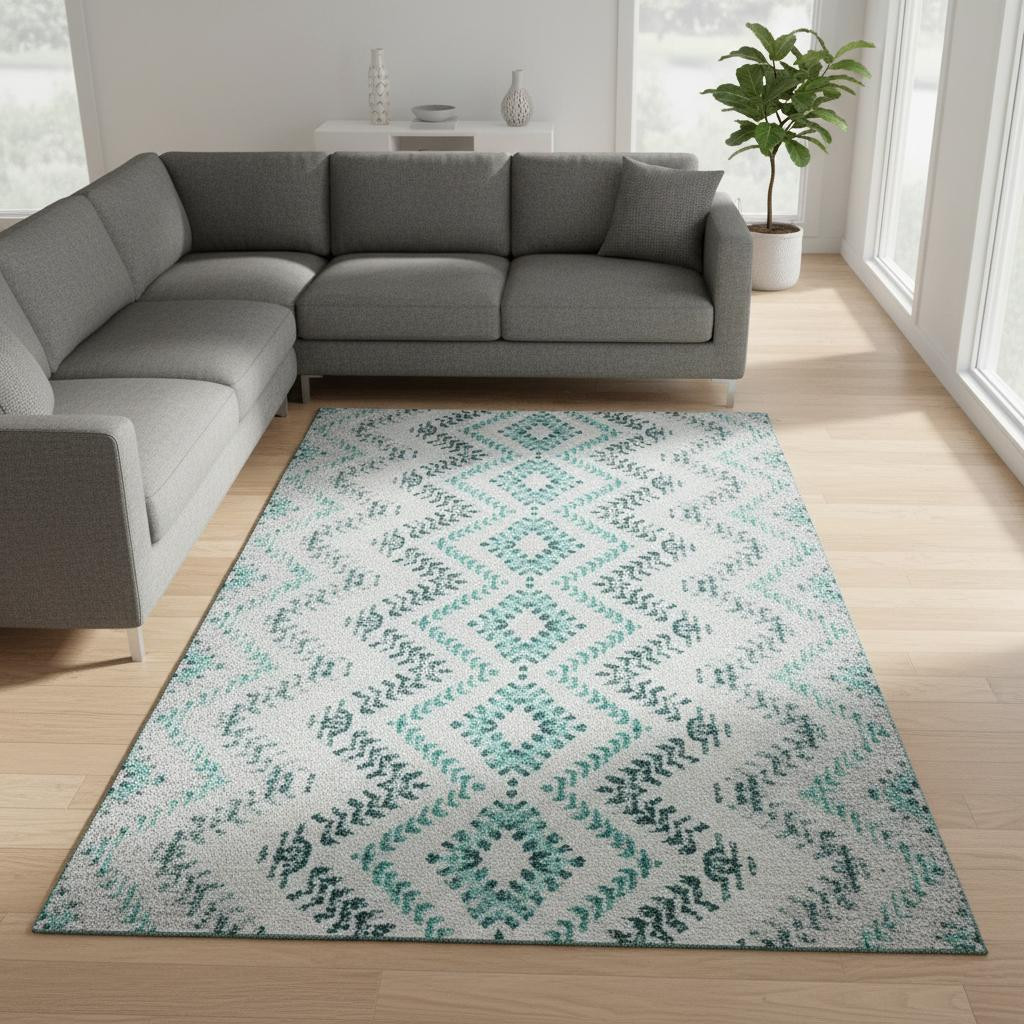 656118 10 x 14 ft. Teal & Ivory Geometric Transitional Washable Machine Made Rectangle Area Rug with UV Protection