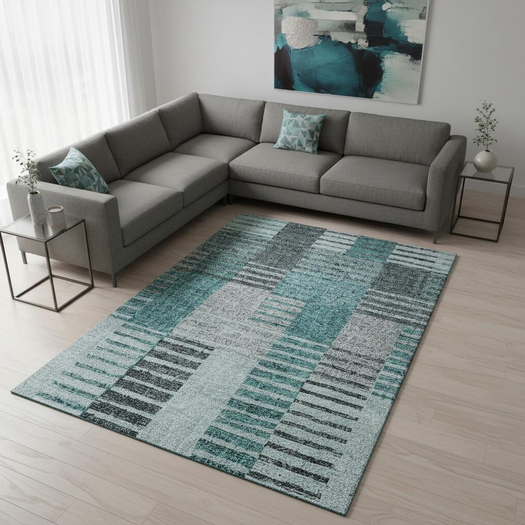 656273 9 x 12 ft. Teal Ivory & Gray Striped Transitional Washable Machine Made Rectangle Area Rug with UV Protection