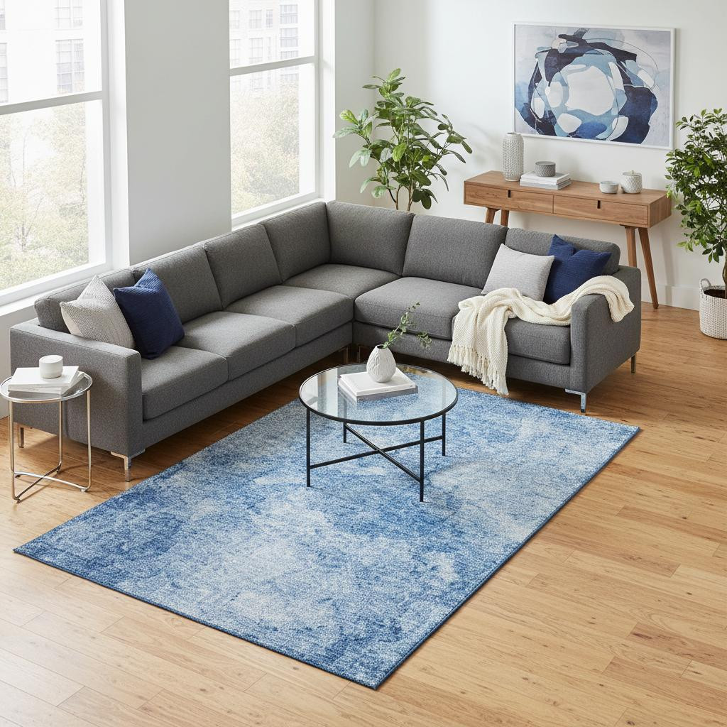 656286 10 x 14 ft. Blue & Ivory Abstract Transitional Washable Machine Made Rectangle Area Rug with UV Protection