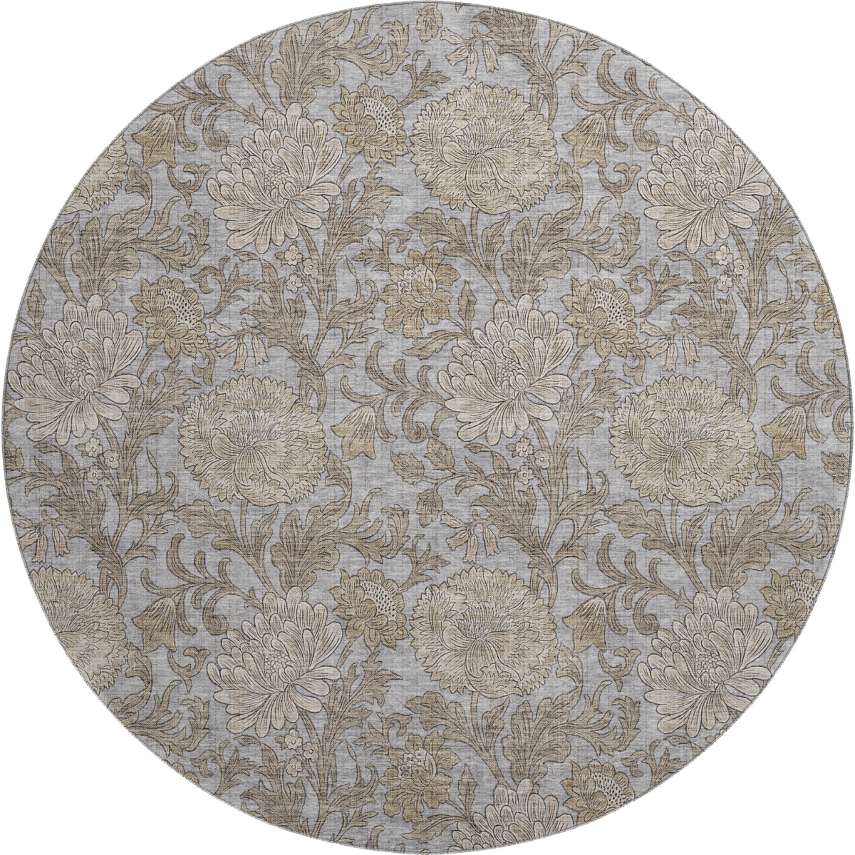 655791 8 ft. Gray & Silver Floral Transitional Washable Round Area Rug with UV Protection