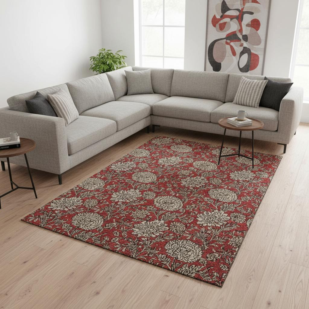 655810 8 x 10 ft. Red & Beige Floral Washable Machine Made Rectangle Area Rug with UV Protection