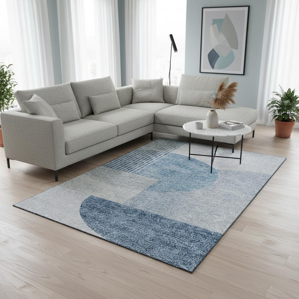 655822 8 x 10 ft. Blue & Ivory Geometric Transitional Washable Machine Made Rectangle Area Rug with UV Protection