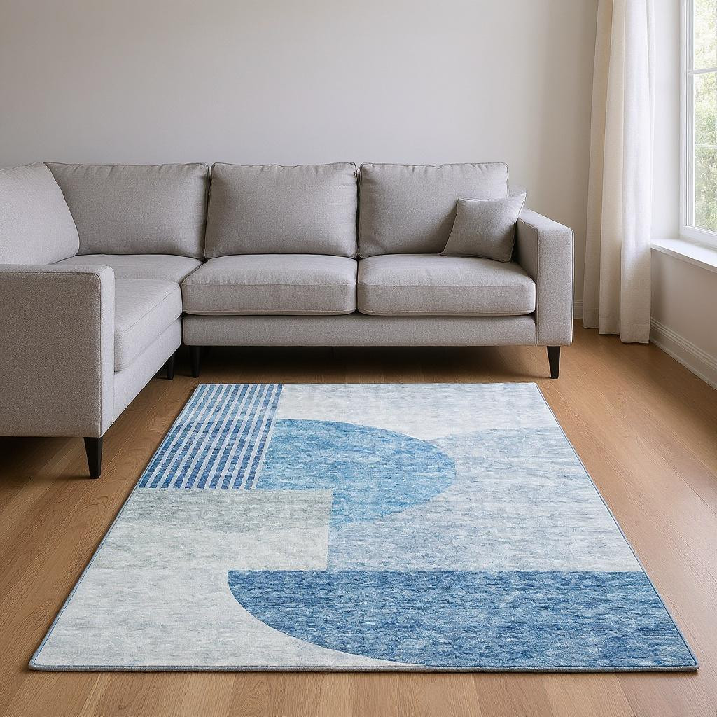 655824 10 x 14 ft. Blue & Ivory Geometric Transitional Washable Machine Made Rectangle Area Rug with UV Protection