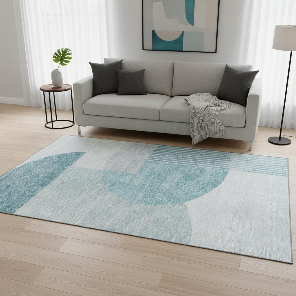 655862 5 x 8 ft. Teal & Ivory Geometric Transitional Washable Machine Made Rectangle Area Rug with UV Protection