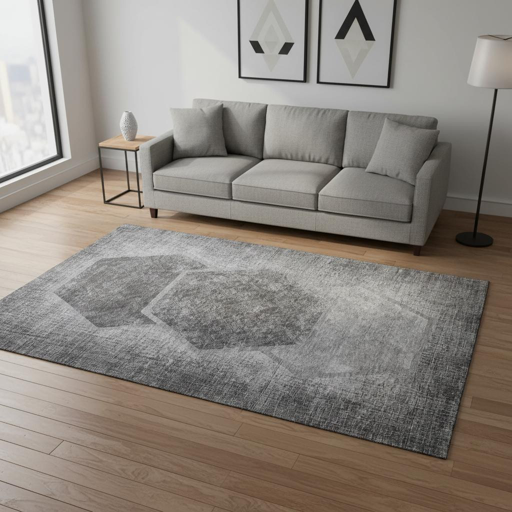655880 5 x 8 ft. Gray & Silver Geometric Transitional Washable Machine Made Rectangle Area Rug with UV Protection