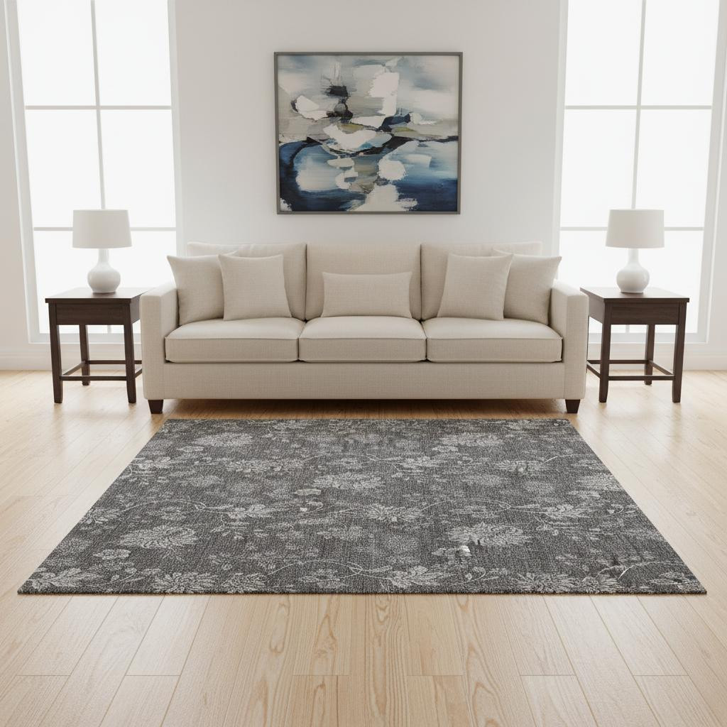 655922 5 x 8 ft. Gray & Silver Floral Transitional Washable Machine Made Rectangle Area Rug with UV Protection
