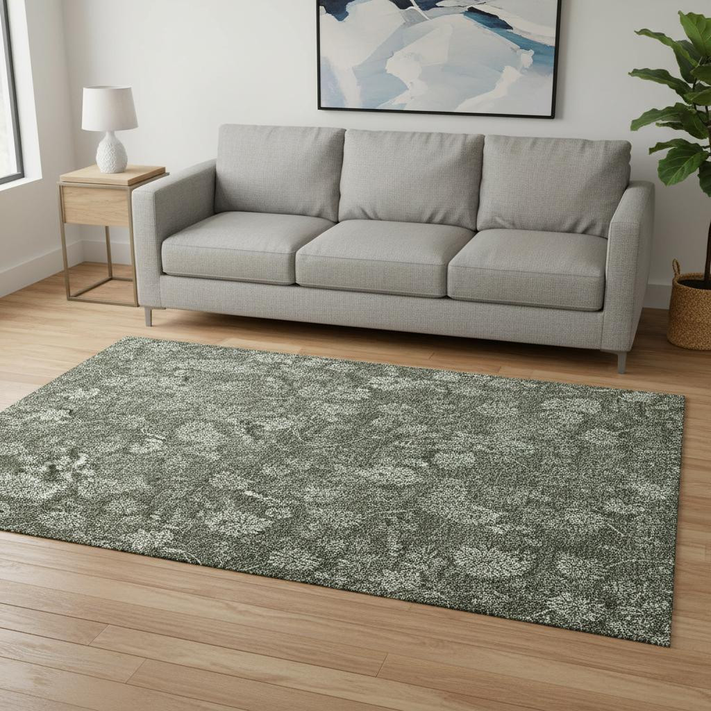 655928 5 x 8 ft. Olive Green & Gray Floral Transitional Washable Machine Made Rectangle Area Rug with UV Protection