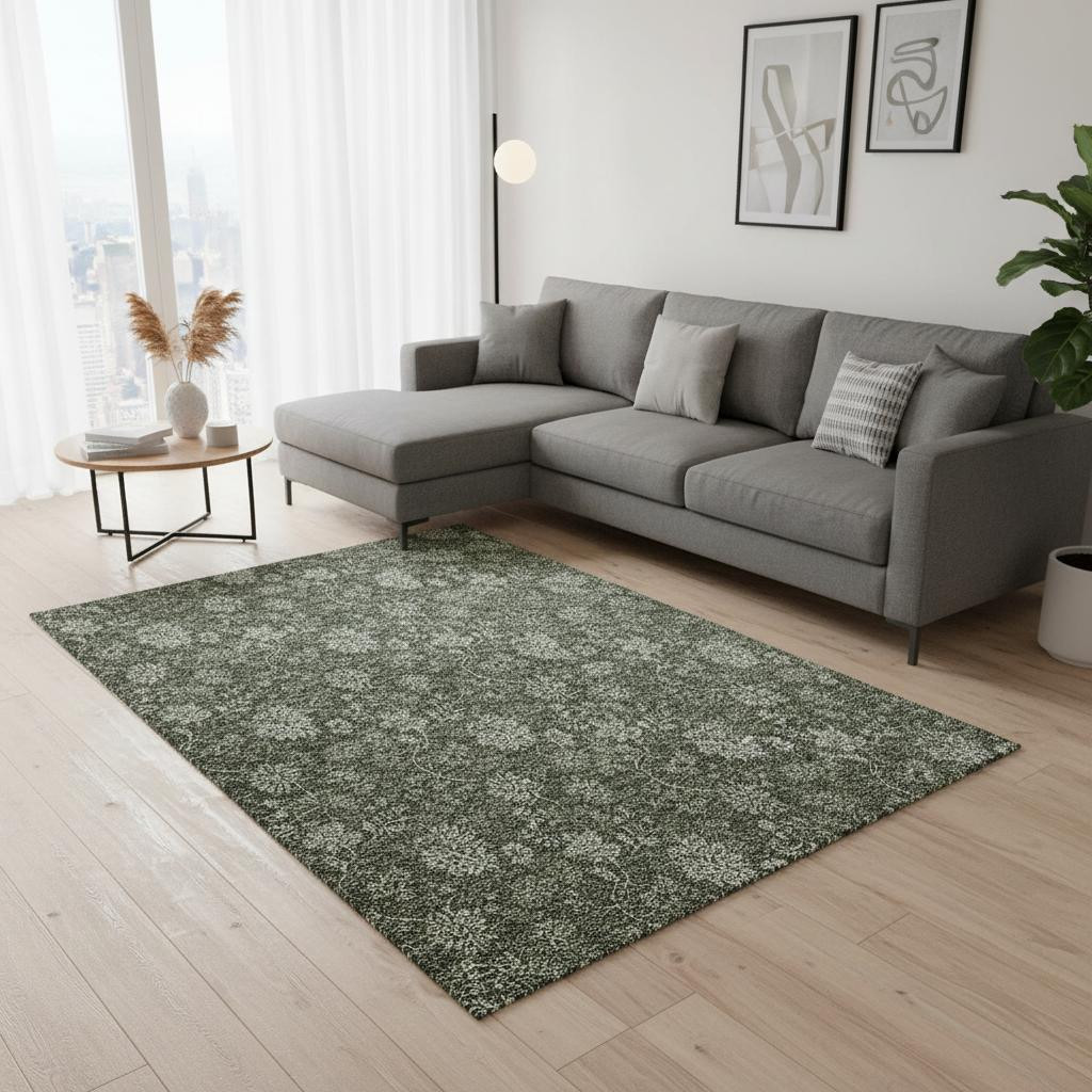 655931 9 x 12 ft. Olive Green & Gray Floral Transitional Washable Machine Made Rectangle Area Rug with UV Protection