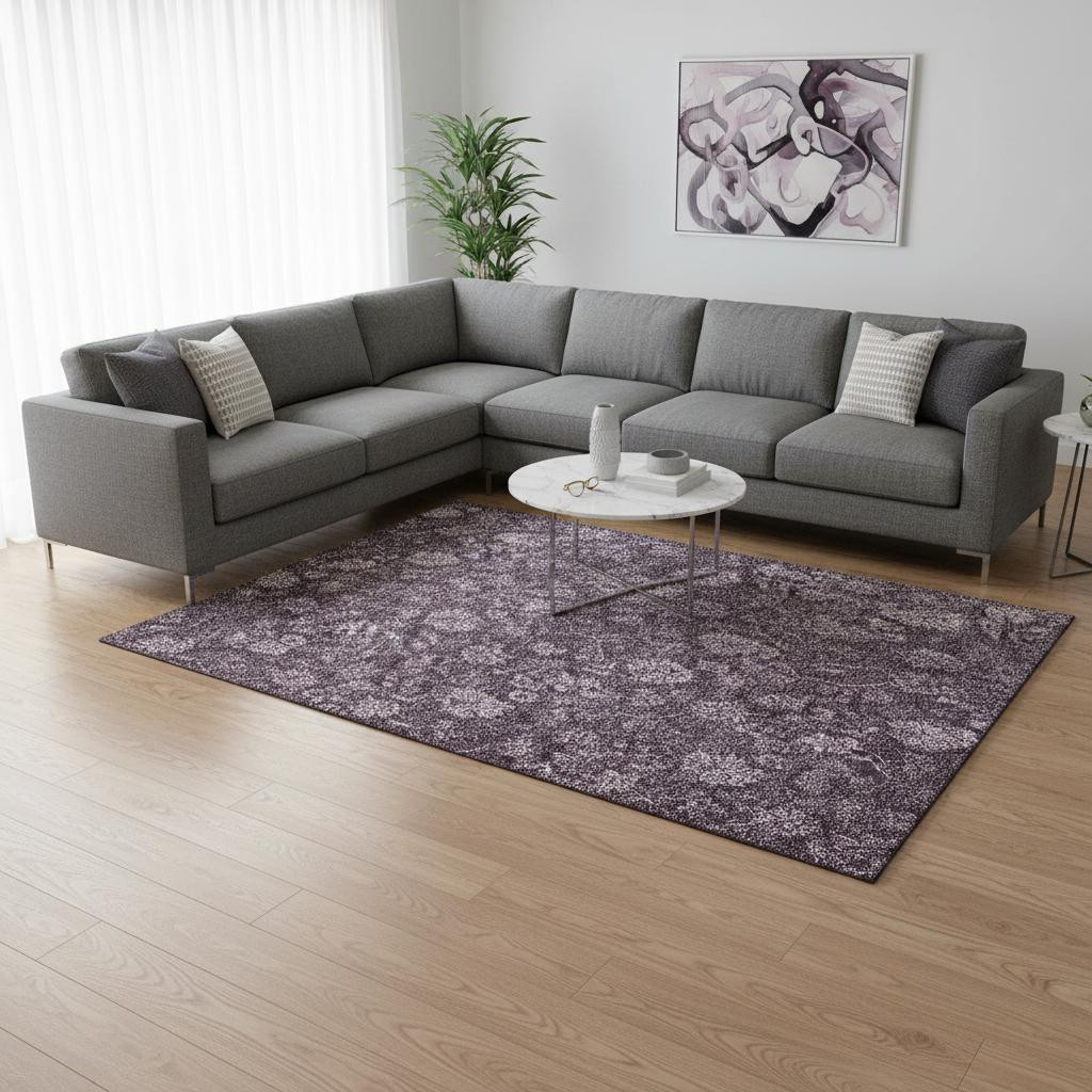 655937 9 x 12 ft. Plum & Ivory Floral Transitional Washable Machine Made Rectangle Area Rug with UV Protection