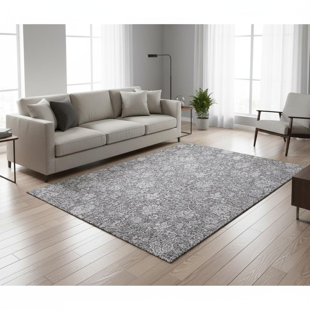 655982 5 x 8 ft. Gray & Ivory Floral Transitional Washable Machine Made Rectangle Area Rug with UV Protection